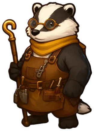 Brin, a badger tinkerer with round glasses, a leather apron and a hooked staff