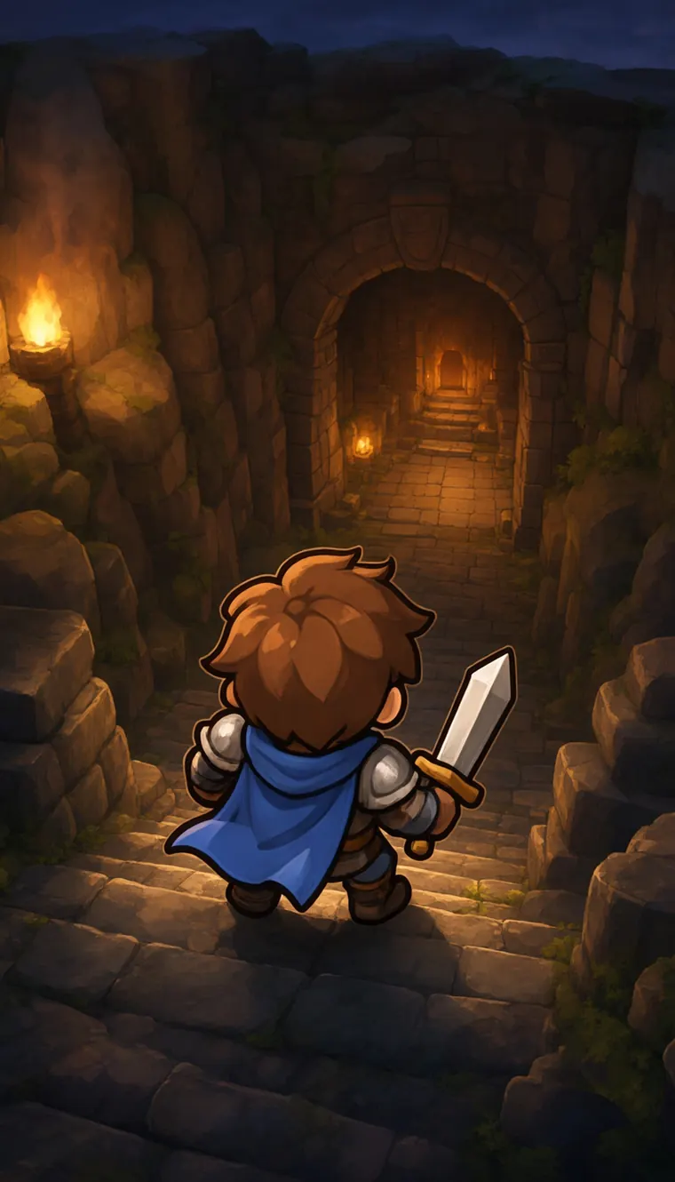 Rowan, a young hero with a blue cloak and a sword, stepping down torch-lit stone stairs towards a dungeon doorway