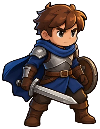 Rowan, a young hero in armor with a blue cloak, sword and round shield